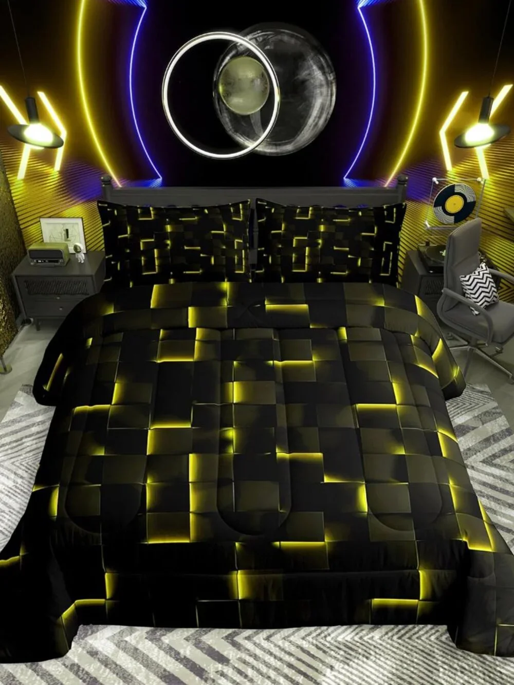 Neon Black Yellow Full Bedding Set,3D Geometric Checkered Comforter Set,Plaid Ab
